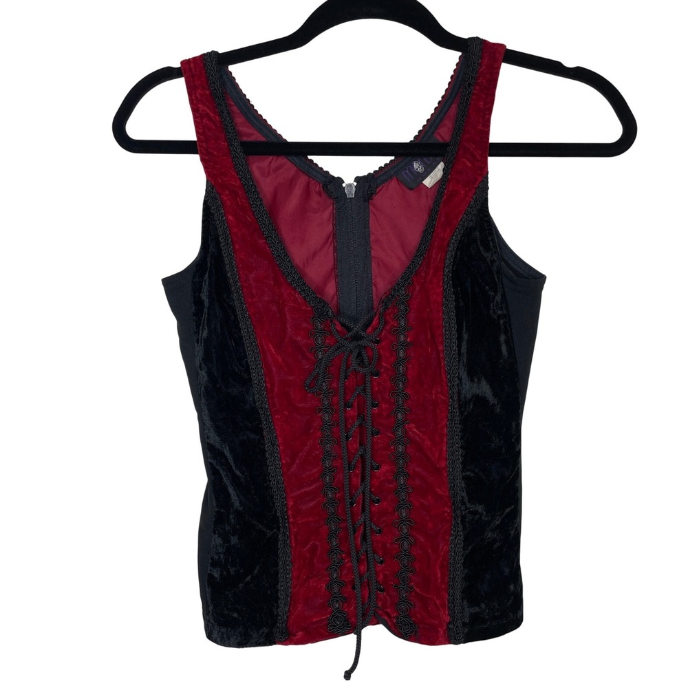 Morbid Threads Corset Top Womens S Red Black Velvet Lace Up Vintage‎ Goth